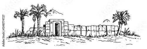 tropical jungle with ancient ruins of forgotten temple vintage vector illustration in monochrome style