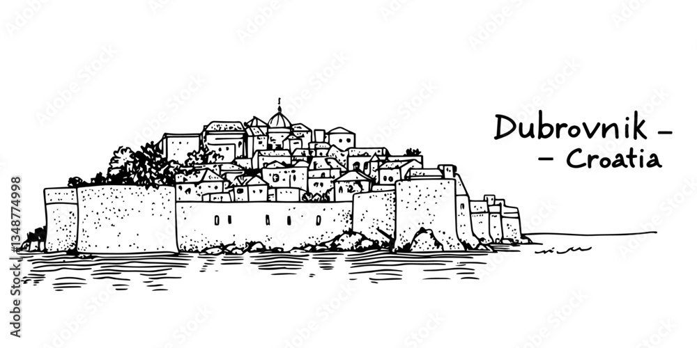 Obraz premium dubrovnik old town with city walls and sea view vector doodle sketch city panorama