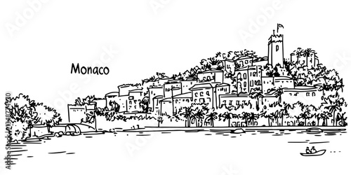 monaco full city skyline with harbor and historic buildings vector doodle sketch city panorama