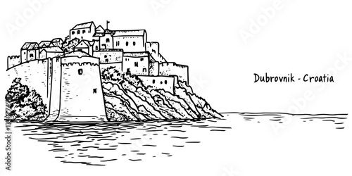 dubrovnik old town on rocky cliff by the sea vector doodle sketch city panorama