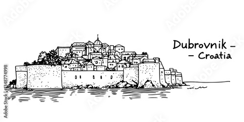 dubrovnik old town with city walls and sea view vector doodle sketch city panorama