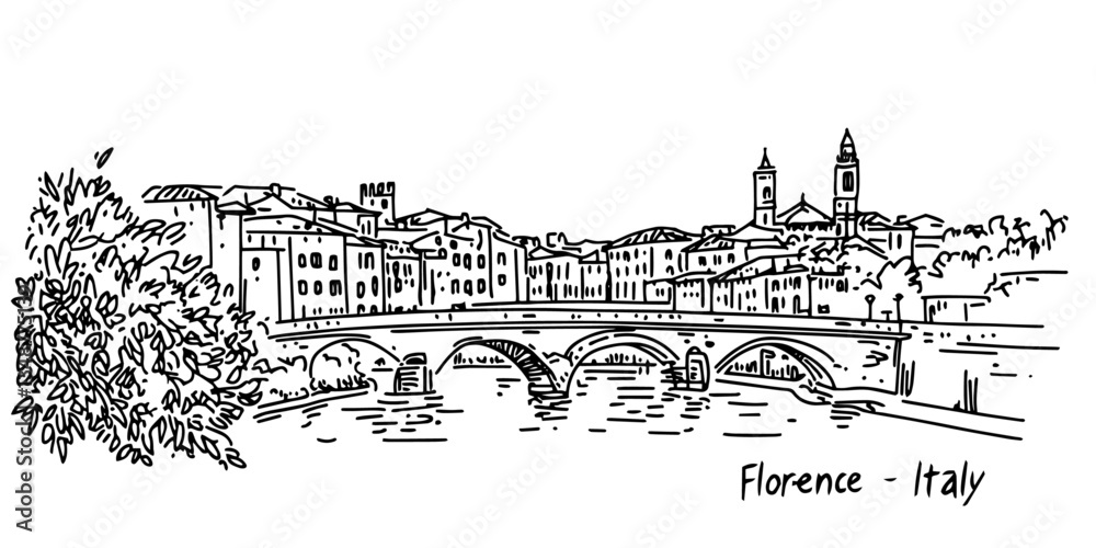 florence bridge over arno river with old town buildings vector doodle sketch city panorama