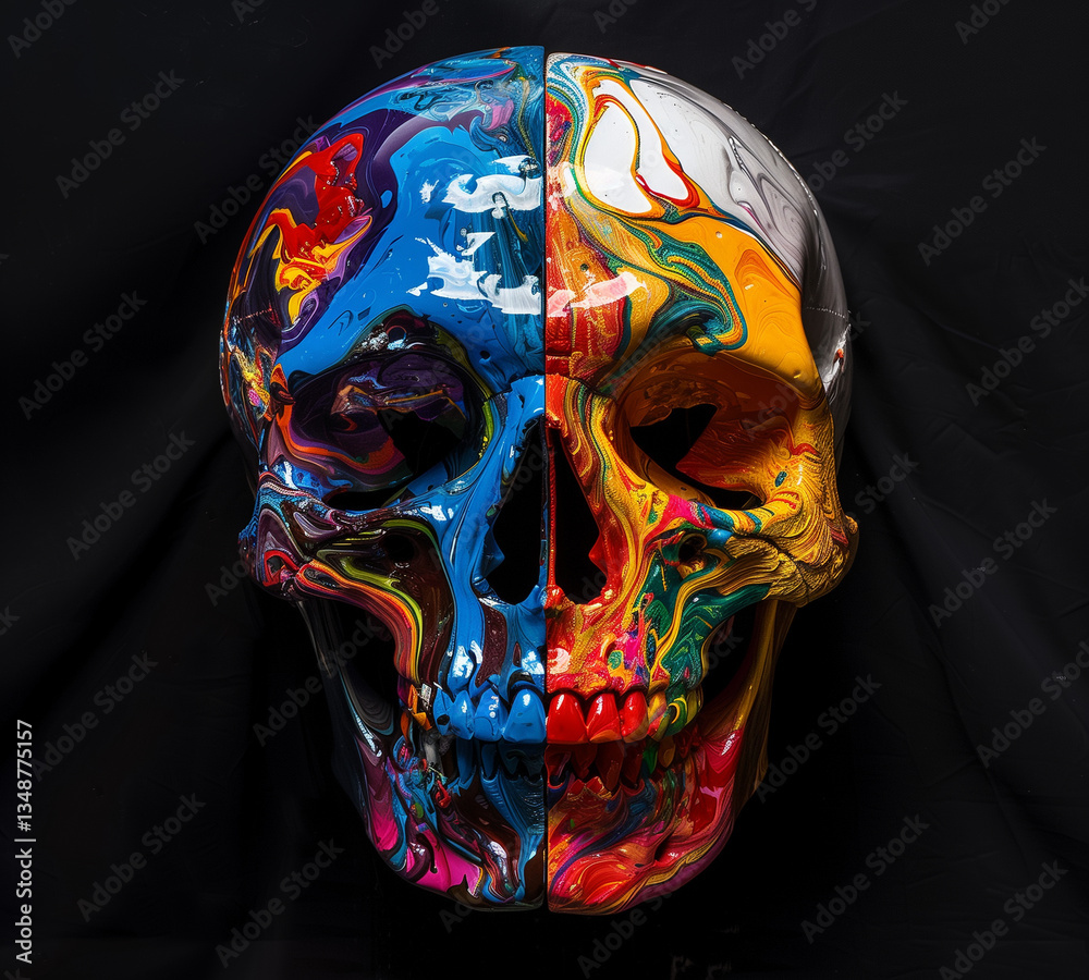 A human skull filled with multi-colored paint. A human skull filled with multi-colored paint.