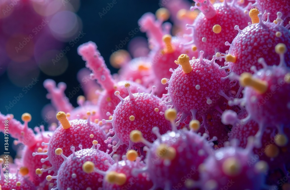 Obraz premium Microscopic view of gut microbiome bacteria and cells, colorful biology concept