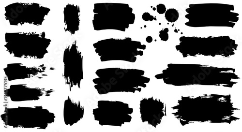 Brushstroke Set: An assortment of artistic brushstrokes in varying shapes and sizes, perfect for adding a creative and textured element to designs. Each mark, rendered in bold black.