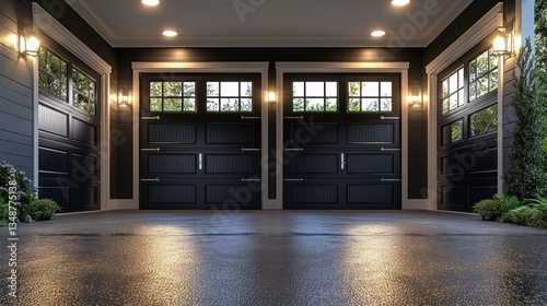 Suburban home's illuminated double garage doors at dusk photo