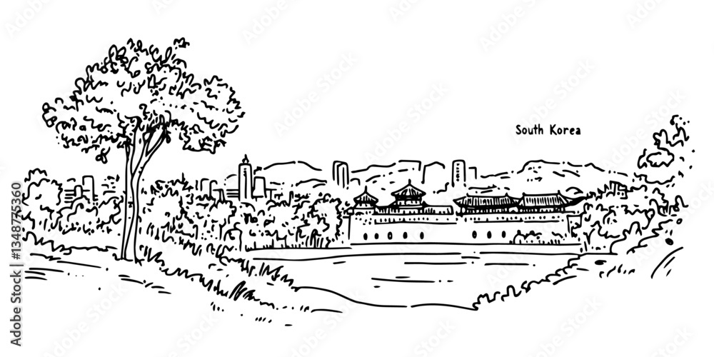 Obraz premium south korea palace garden and skyline vintage retro city panorama landscape vector illustration engraved hand drawn sketch woodcut style