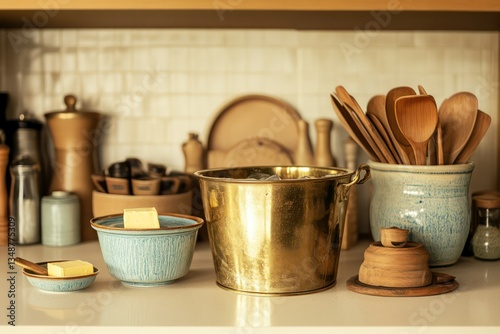 A retro-inspired kitchen with a collection of vintage accessories, including a brass ice bucket, a ceramic butter dish, and a