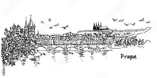 prague charles bridge with castle and towers vintage retro city panorama landscape vector illustration engraved hand drawn sketch woodcut style