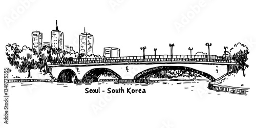 seoul bridge over river with city skyline vintage retro city panorama landscape vector illustration engraved hand drawn sketch woodcut style