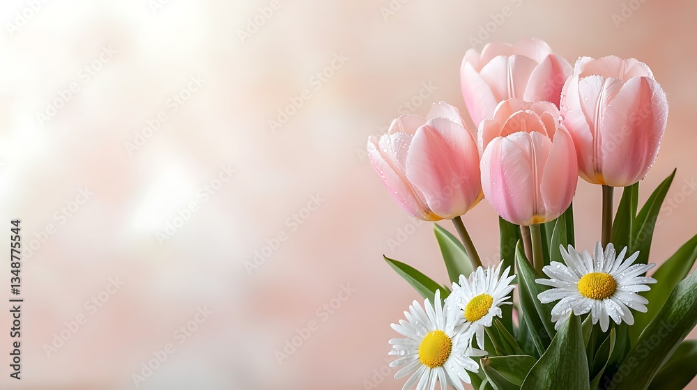Spring flora and nature event delicate pink tulips and daisies in a serene environment Spring flora and nature event delicate pink tulips and daisies in a serene environment