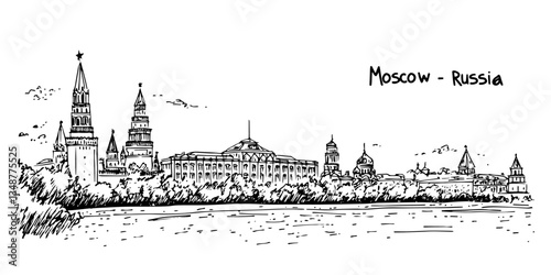 moscow kremlin view from river side vintage retro city panorama landscape vector illustration engraved hand drawn sketch woodcut style