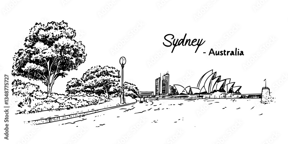 Fototapeta premium sydney park view with opera house and trees vintage retro city panorama landscape vector illustration engraved hand drawn sketch woodcut style