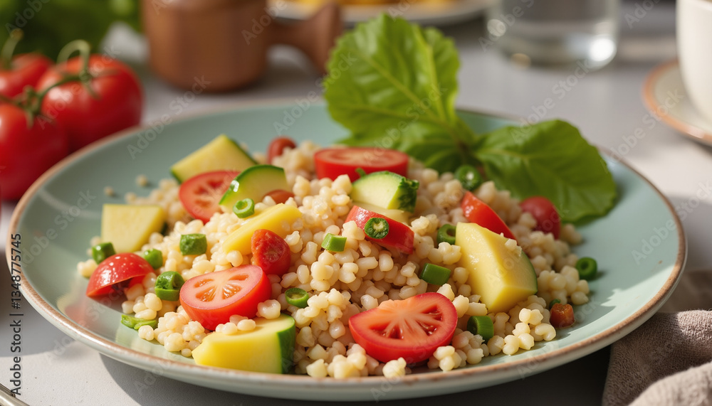 Vibrant Mediterranean Couscous Salad, Fresh Ingredients on Rustic Table, Culinary Delight Vibrant Mediterranean Couscous Salad, Fresh Ingredients on Rustic Table, Culinary Delight