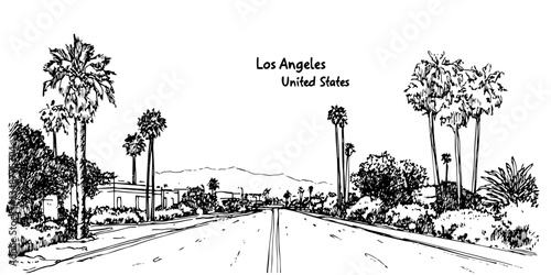 los angeles street with palm trees and hills vintage retro city panorama landscape vector illustration engraved hand drawn sketch woodcut style