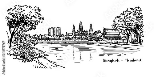 bangkok landscape with temples and modern buildings vintage retro city panorama landscape vector illustration engraved hand drawn sketch woodcut style