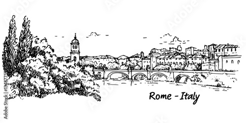 rome cityscape with tiber river and historic bridge vintage retro city panorama landscape vector illustration engraved hand drawn sketch woodcut style