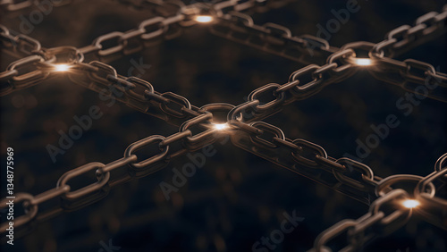 Blockchain Concept Interlinked Metallic Chains with Glowing Connections