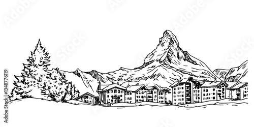 mountain village with matterhorn peak hand drawn modern sketch illustration in doodle simple engraved style