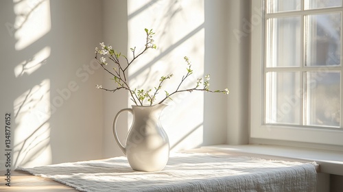 Bright and Airy Scandinavian Kitchen with Vase of Flowers on the Table