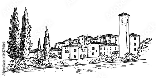 italian village with cypress trees hand drawn modern sketch illustration in doodle simple engraved style