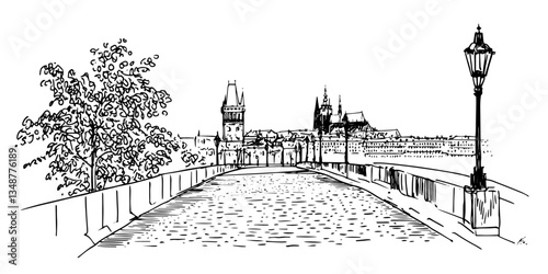 historic bridge with cobblestone and lantern hand drawn modern sketch illustration in doodle simple engraved style