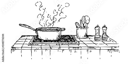 boiling pot on stove black vector in hand made isolated design on white background