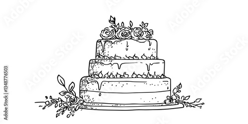 wedding cake with flowers black vector in hand made isolated design on white background