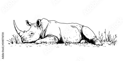 rhinoceros resting on ground traditional doodle sketch hand made design vector