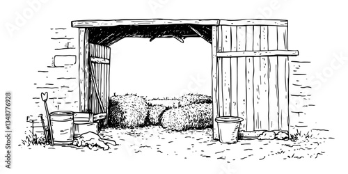 country barn with hay bales traditional doodle sketch hand made design vector
