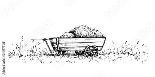 old wooden hay cart retro ink sketch monochrome isolated vector