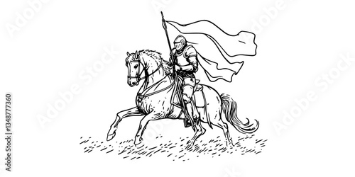 knight on horseback with banner black and white outline, transparent background line art drawing illustration