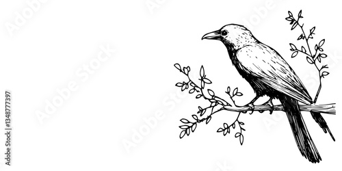 raven sitting on branch black and white outline, transparent background line art drawing illustration