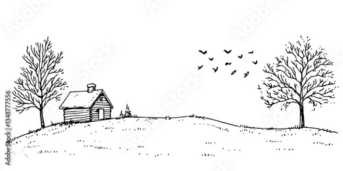 cabin in a clearing with trees black and white outline, transparent background line art drawing illustration