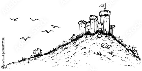 medieval castle on a hill black and white outline, transparent background line art drawing illustration