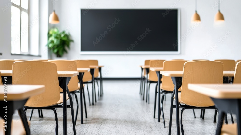 Clean, modern classroom featuring wooden desks, a chalkboard, and natural light from large windows. Clean, modern classroom featuring wooden desks, a chalkboard, and natural light from large windows.