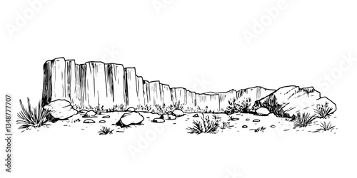 rock formations in barren landscape vector doodle ink sketch