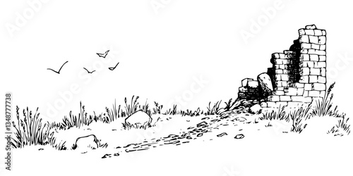brick house ruins vector doodle ink sketch