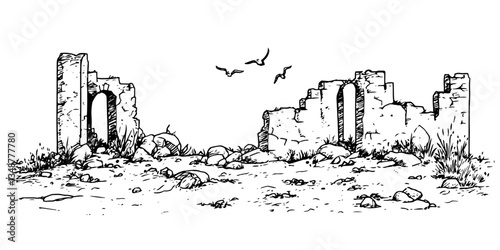 abandoned house ruins vector doodle ink sketch
