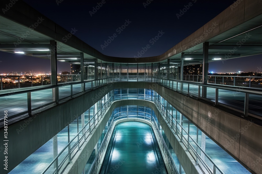 A modern, curved parking garage at night, illuminated, offering a city view. A modern, curved parking garage at night, illuminated, offering a city view.
