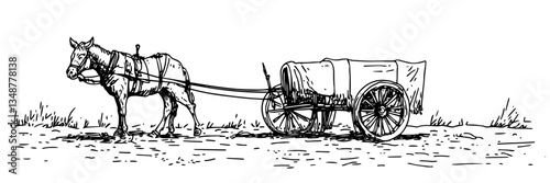 horse with wooden cart vector doodle ink sketch