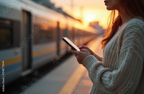 Woman using smartphone while waiting train on platform at sunset. Girl holds phone, texting. Railway station public transportation. Mobile device, technology and communication concept.