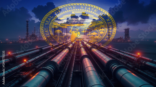 Oil pipelines leading to a refinery, overlaid with the Nebraska flag. A concept of energy industry, fuel production, and economic power.