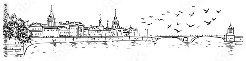 city skyline with bridge and flying birds over river vector sketch illustration in ink doodle style hand drawing for engraving