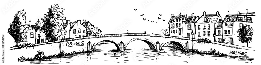 Fototapeta premium bruges canal bridge with historic buildings vector sketch illustration in ink doodle style hand drawing for engraving