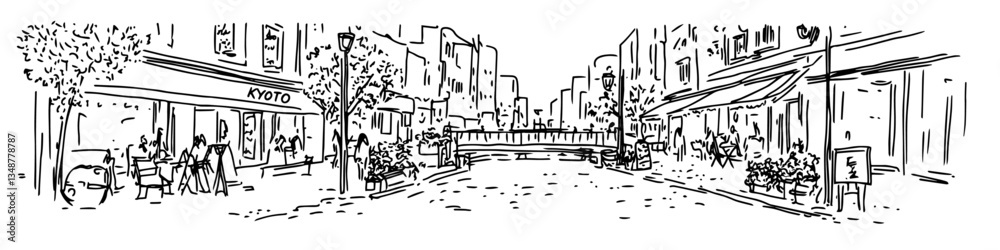 Fototapeta premium street with cafes and people sitting at tables vector sketch illustration in ink doodle style hand drawing for engraving