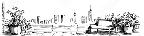 city skyline view from terrace with bench and plants vector sketch illustration in ink doodle style hand drawing for engraving