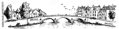 bruges canal bridge with historic buildings vector sketch illustration in ink doodle style hand drawing for engraving