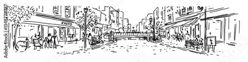 street with cafes and people sitting at tables vector sketch illustration in ink doodle style hand drawing for engraving