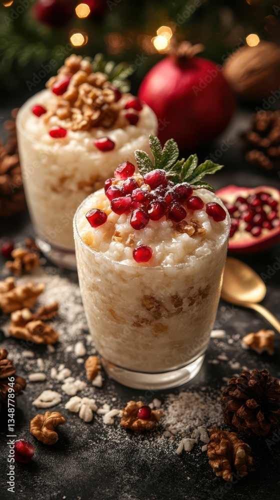 Festive dessert with pomegranate and walnuts served in glasses on a dark background Festive dessert with pomegranate and walnuts served in glasses on a dark background